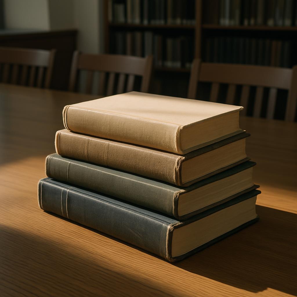 Four books of varying sizes are placed on a wooden table, arranged from top to bottom: a light beige book with a lighter c...