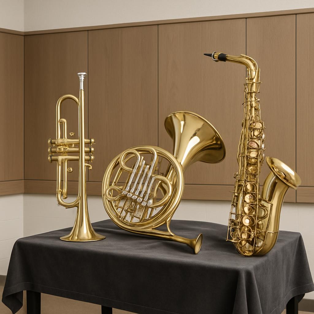 a table with a black tablecloth set with three brass musical instruments, including a French horn, a tuba, and a saxophone.