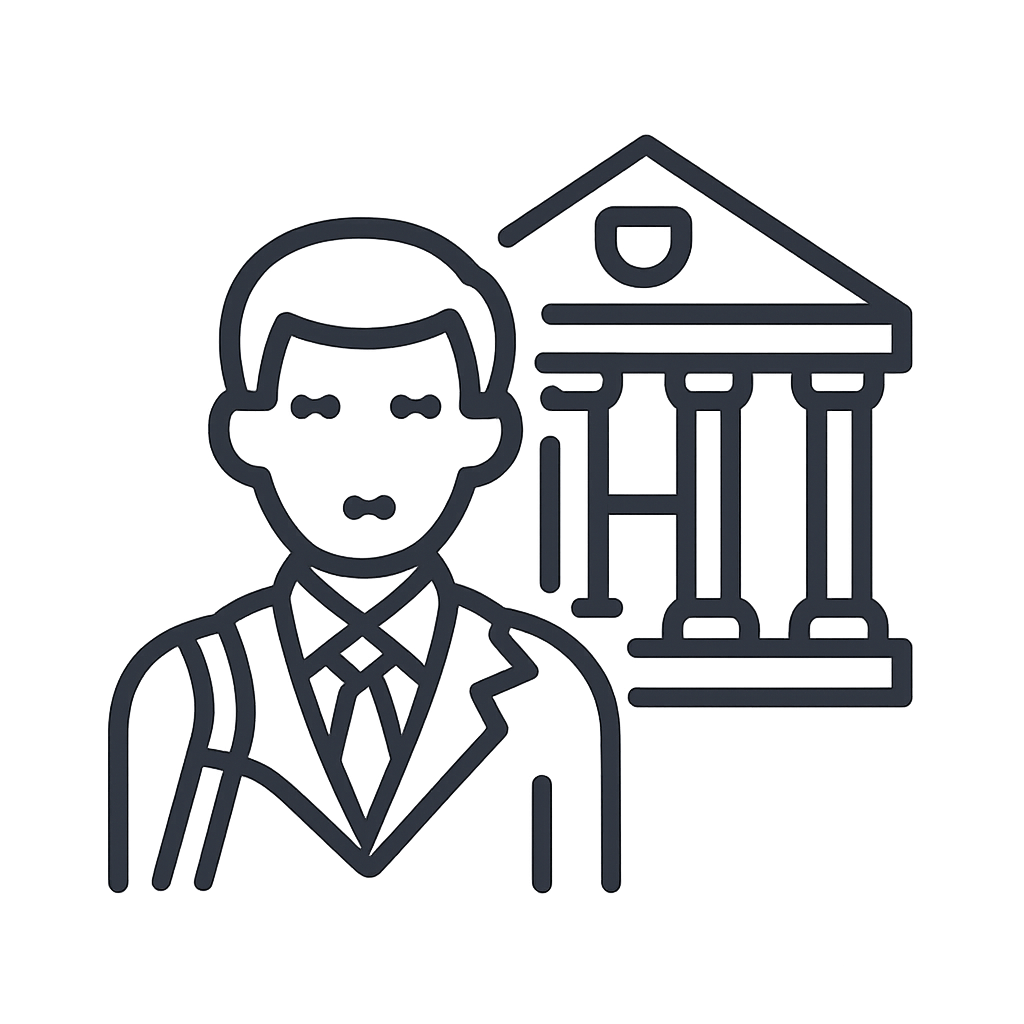 The icon features a simple line art of a man in a suit standing in front of a line drawing of a building with pillars.